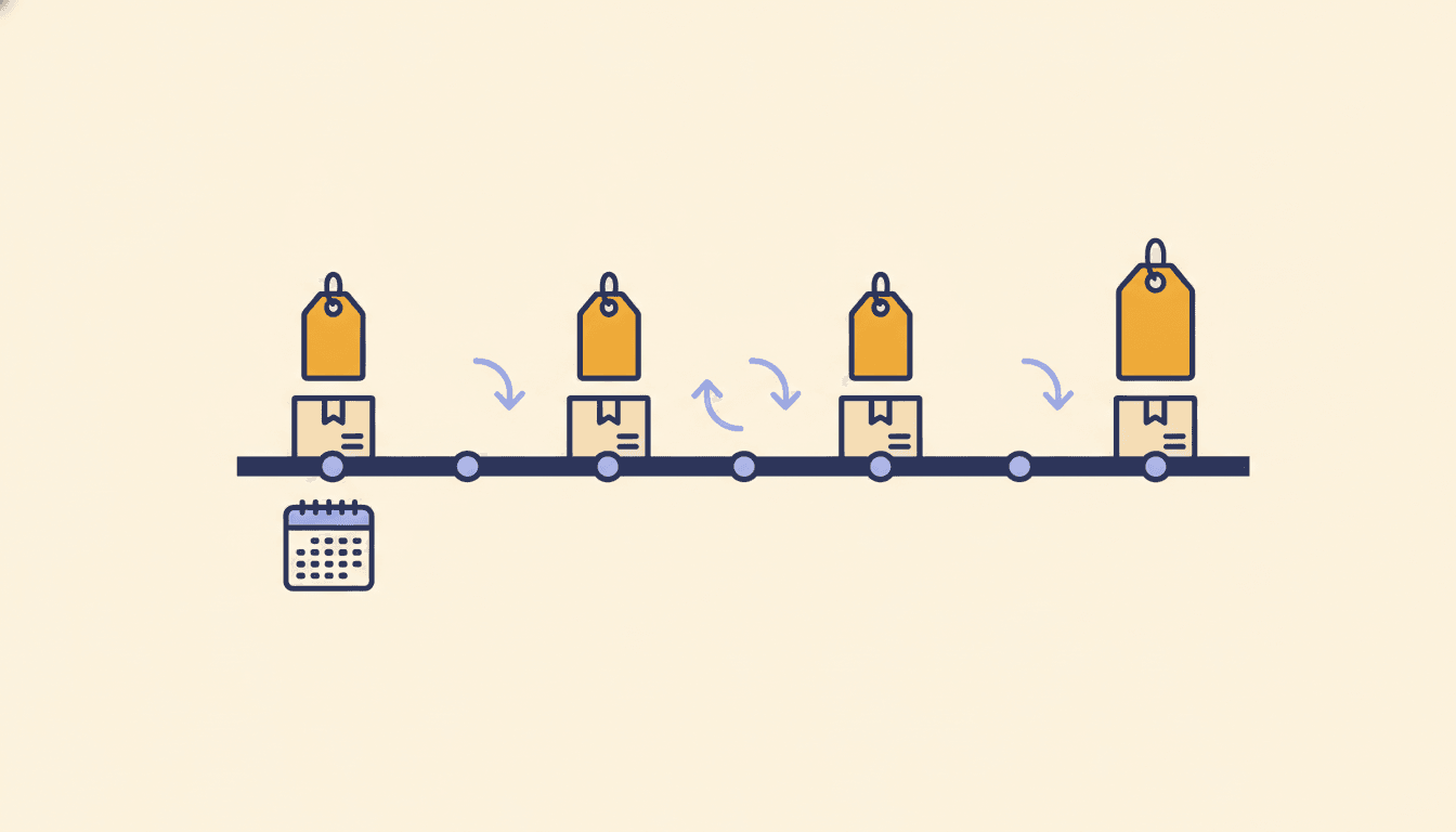 A timeline with the same cardboard box repeating along it, each with a slightly larger price tag, joined by looping arrows