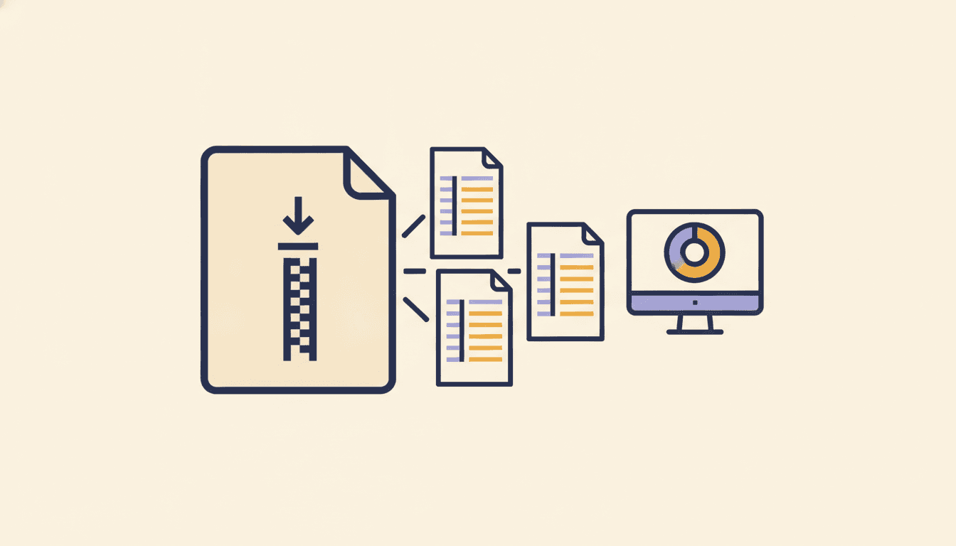 A ZIP file icon with four spreadsheet documents fanning out of it toward a monitor showing a donut chart