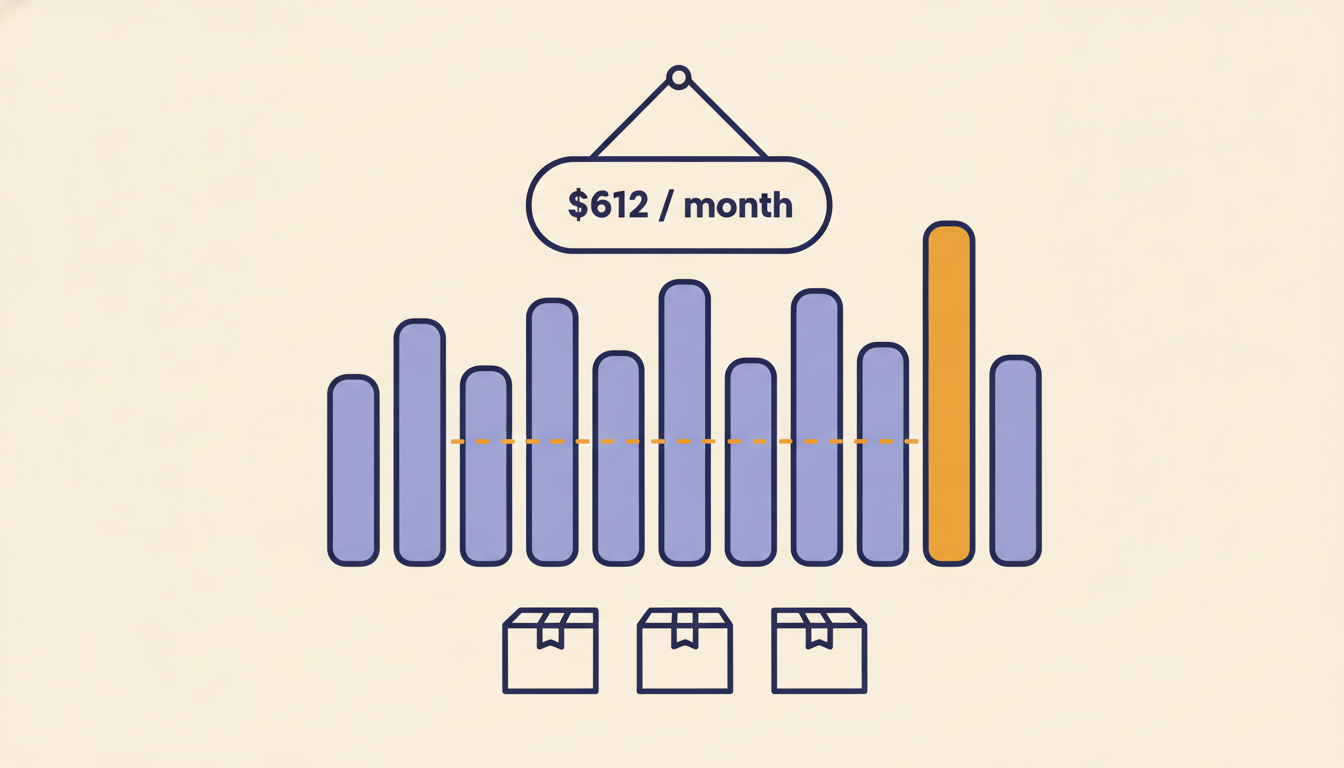 A simple bar chart of twelve monthly Amazon spending bars with one tall November bar and a label reading $612 per month