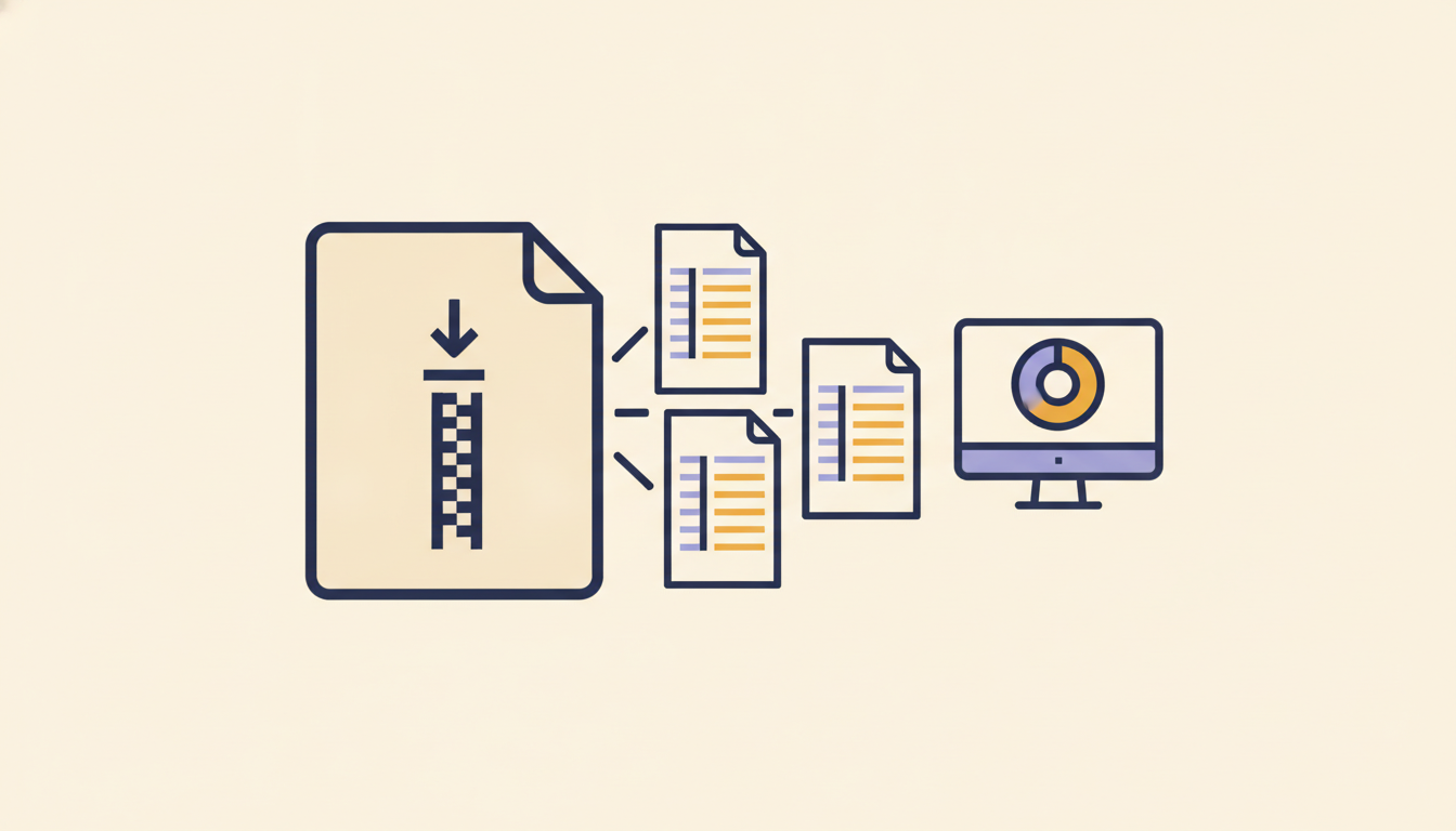 A ZIP file icon with four spreadsheet documents fanning out of it toward a monitor showing a donut chart