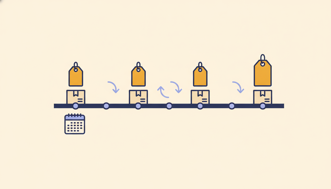 A timeline with the same cardboard box repeating along it, each with a slightly larger price tag, joined by looping arrows