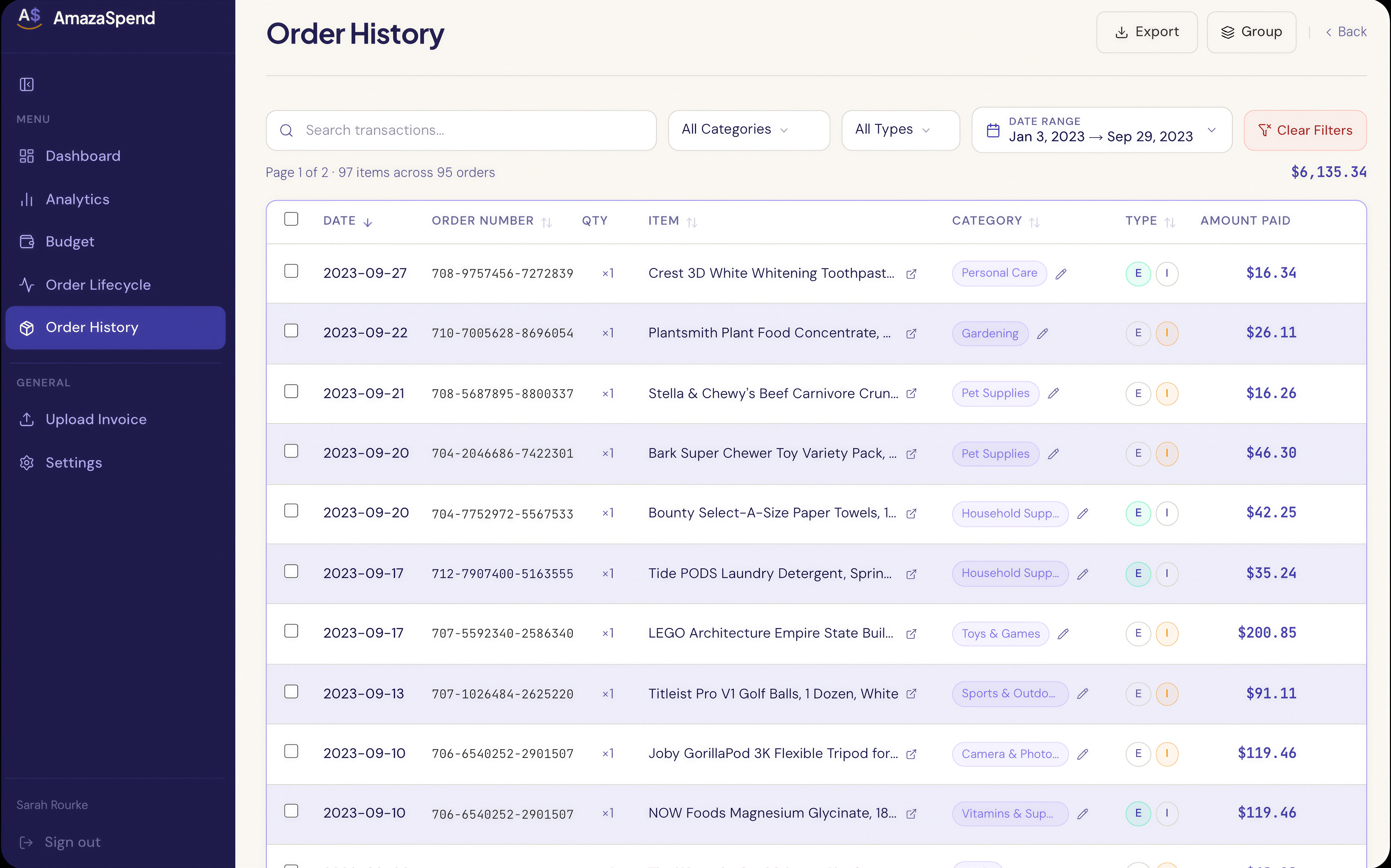 AmazaSpend order history with categories and impulse/essential tags