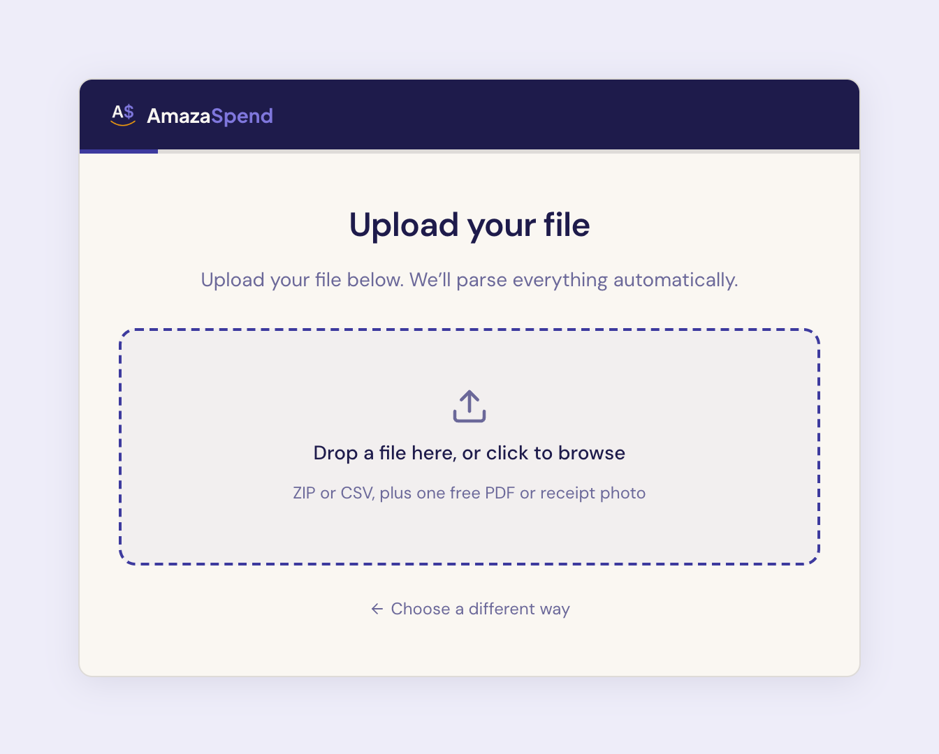 AmazaSpend upload screen with an Amazon ZIP being dropped in